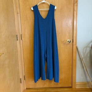 Cousin Earl Blue Hemp Cotton V Neck Wide Leg Jumpsuit‎ Wide Leg L